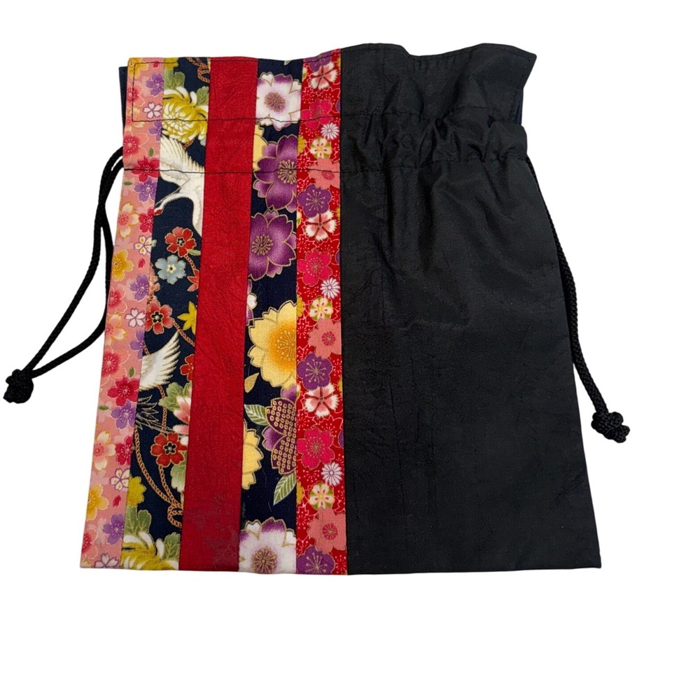 Vintage Handmade Japanese Patchwork Floral Crane Drawstring Pouch Bag Black Red